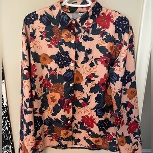 Floral print button up long sleeve womens top, satin top